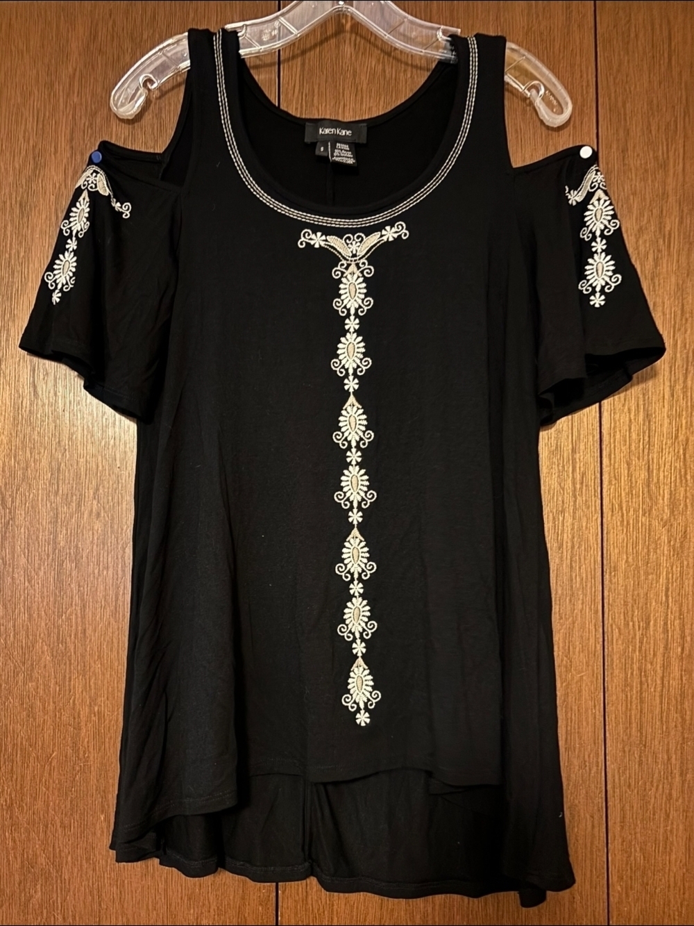 Karen Kane Black Cold-Shoulder Tunic with Cream Embroidery